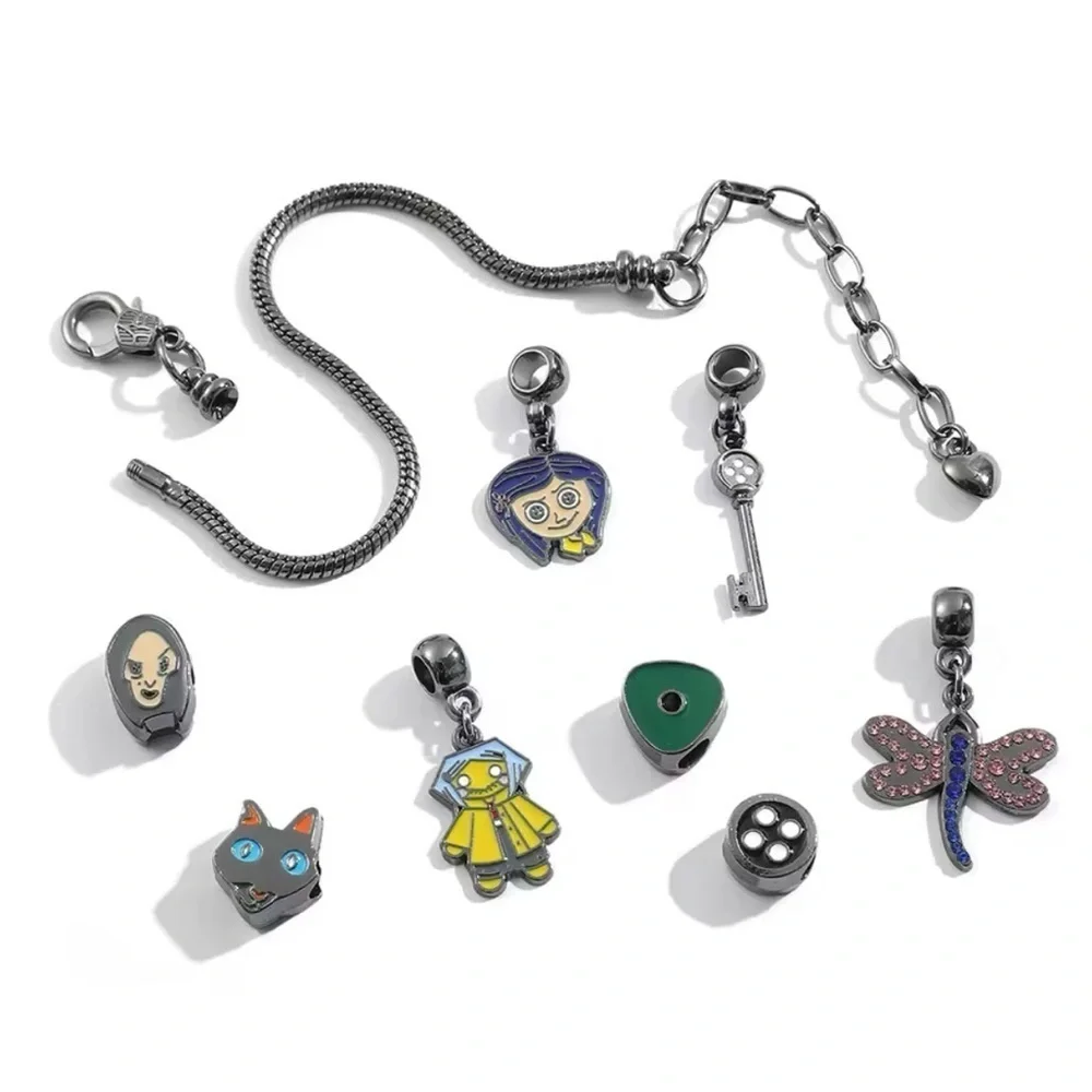 Black Rhodium Gold Coraline Inspired Themed Loaded Enamel Charm Bracelet Design